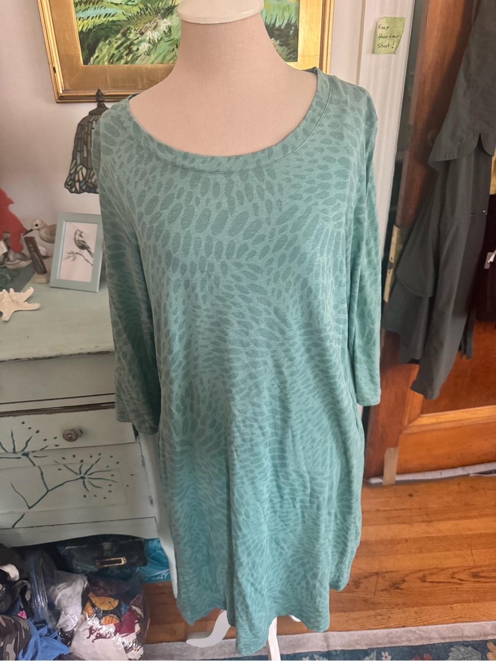 Gudrun Sjoden Jade Green Linen Blend 3/4 Sleeve Dress L Lagenlook VGUC Boho